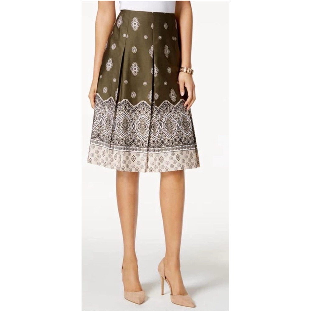 Charter Club Women 100% Cotton Pleated A-Line Flare Skirt Olive Green‎ Size 12